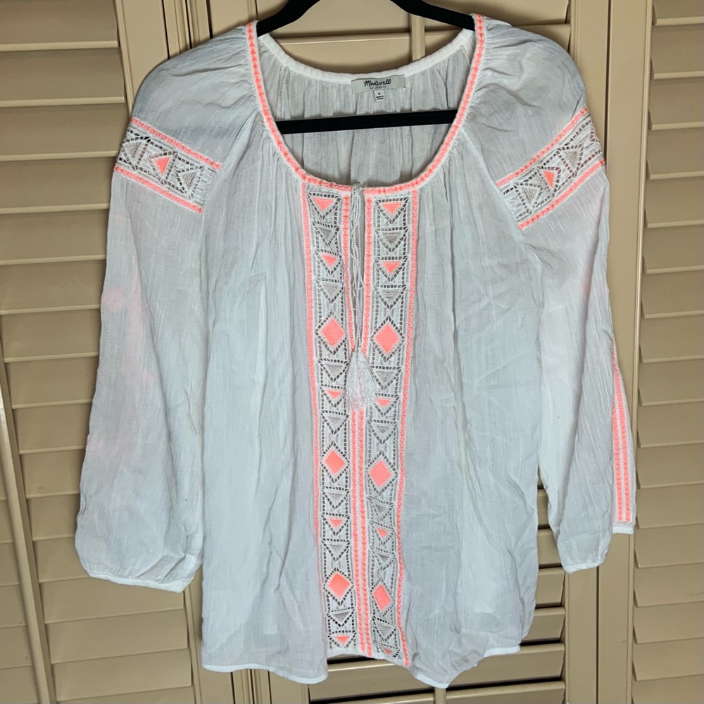 Madewell Gauze White Peach Sheer Peasant Geometric Tassel Shirt
